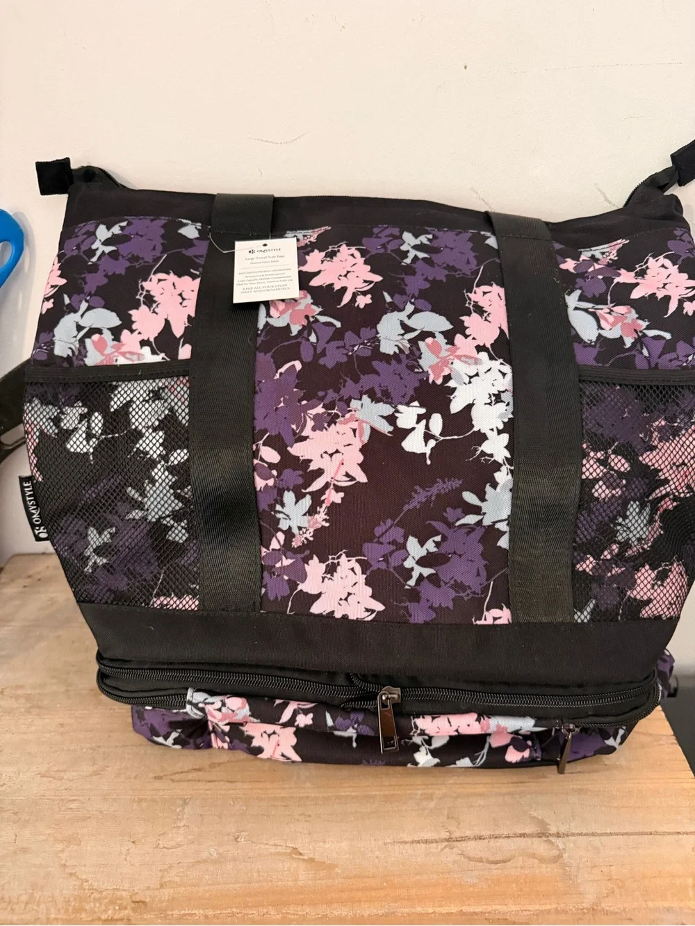 Floral Multi-Compartment Tote Bag - Black/Pink/Purple